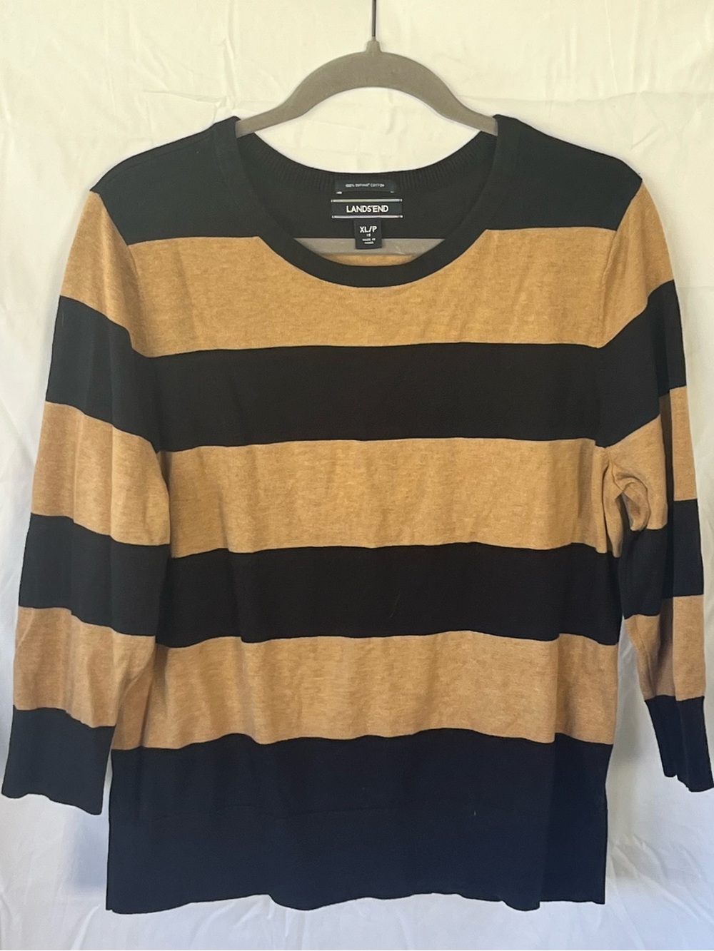 Lands' End Black and Tan Striped Cotton Crewneck Sweater